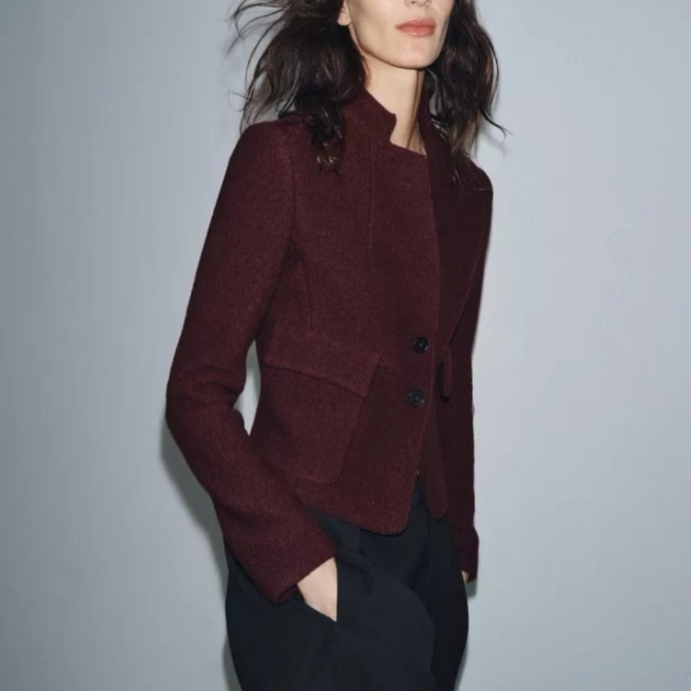 ZARA FITTED BOUCLE WOOL JACKET ZW COLLECTION wine color NWT size MEDIUM